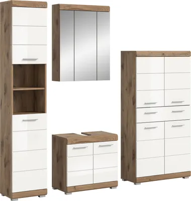 Produktbild von Badezimmer-Set Wave | weiß Hochglanz / Nox Oak | 4-teilig | ohne Aufsatzleuchte