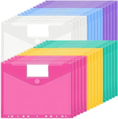Produktbild von A4 Dokumentenmap Set 30 Stück, Wasserdicht, 11 Löcher, Transparent, 5 Farben zum Organisieren