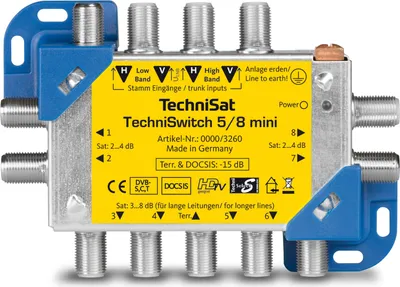 A TechniSat TechniSwitch 5/8 mini satellite multiswitch is shown against a white background.