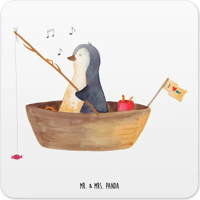 Produktbild von Mr. & Mrs. Panda Tischuntersetzer Pinguin Angelboot 6er Set - Weiß - Geschenk, Trennung, Coaster, Angeln, Design Untersetzer, Tisch, Optimistisch, Motivation, für Gläser
