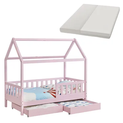 Produktbild von Juskys Kinderbett Marli 80 x 160 cm mit Matratze, Bettkasten, Lattenrost & Dach - Holz Rosa