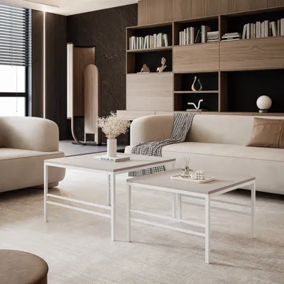 Produktbild von Idohome - Moderner Couchtisch FORMA 2in1 70/60 cm für das Wohnzimmer mit Metalgestell Kaffeetisch Wohnzimmertisch Sofatisch Weiß / Kaschmir
