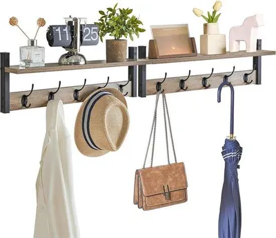 Immagine prodotto di Scaffale a travi oblique con 10 ganci e asta di sospensione, set da 2 pezzi, robusto, per corridoio, camera da letto e soggiorno, grigio argento