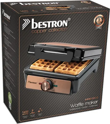 Immagine prodotto di Ferro per cialde Bestron per cialde belghe, ferro per cialde di Bruxelles per due cialde spesse, con rivestimento antiaderente e manico Cool Touch, collezione Copper, colore: rame