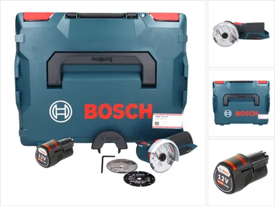 A collage of images showing a Bosch cordless angle grinder set, including the tool, batteries, accessories, and its storage case.