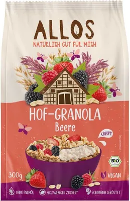 Produktbild von Allos 136193, 300 g, Gluten, HAFERVOLLKORNFLOCKEN*, Agavendicksaft*, Reissirup*, WEIZENFLAKES*; geröstet, Beerenmix*..., Deutschland, 1611 kJ, 385 kcal