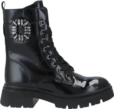 A studio shot of a single black boot.