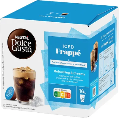 A box of Nescafe Dolce Gusto Iced Frappé coffee capsules.