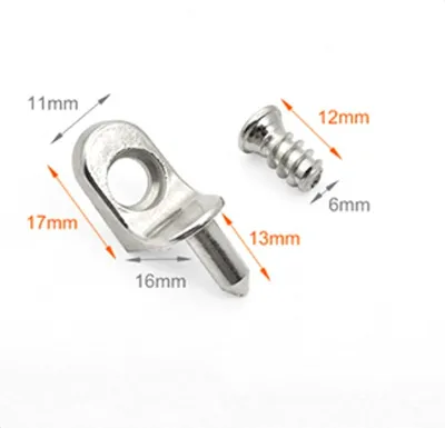 A close-up studio shot of two metal shelf support components, one a bracket with a hole and the other a screw, with measurement indicators.