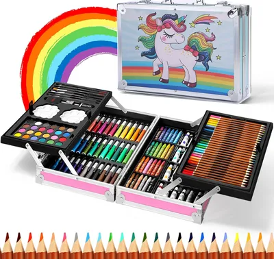 Produktbild von Malkoffer für Kinder, 145 stk Malset Deluxe mit Aluminiumbox, Zeichenset mit Ölpastellkreiden, Buntstiften, Markern, Aquarellkuchen usw. Geschenk