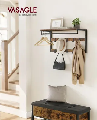 Produktbild von Wandgarderobe mit Ablage und 10 abnehmbaren Haken, Vintage-Braun-Schwarz