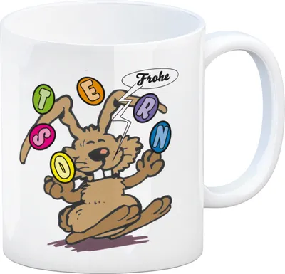 Produktbild von Frohe Ostern! Osterhase jongliert mit Ostereiern Kaffeebecher in weiß