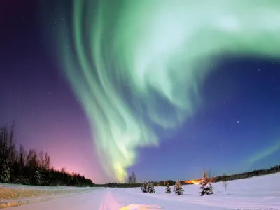 Produktbild von Polarlichter Kunstdruck Bild - Polarlichtœber Der Schneelandschaft (60 x 80 cm)