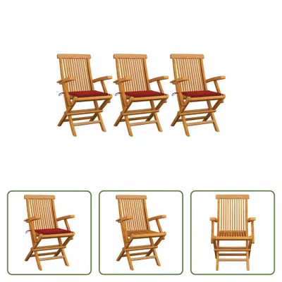 Produktbild von The Living Store Gartenstühle mit Roten Kissen 3 Stk. Massivholz Teak