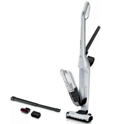 A white and silver Bosch Serie 4 cordless stick vacuum cleaner is shown standing upright on a white background. Accessories are laid out in the foreground.