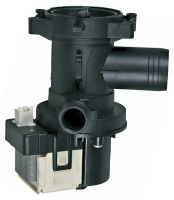 A black washing machine drain pump with a motor attached, shown against a white background.