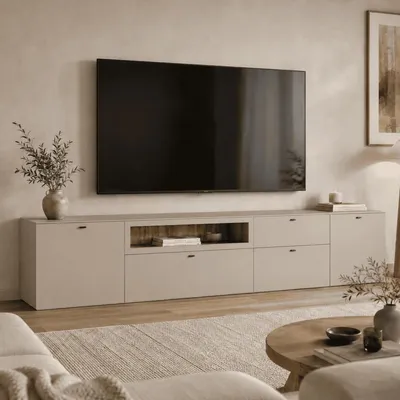 Image de CALICOSY - Meuble TV 2 portes, 1 tiroir, 2 abattants et 1 niche ouverte L280 cm - VELA