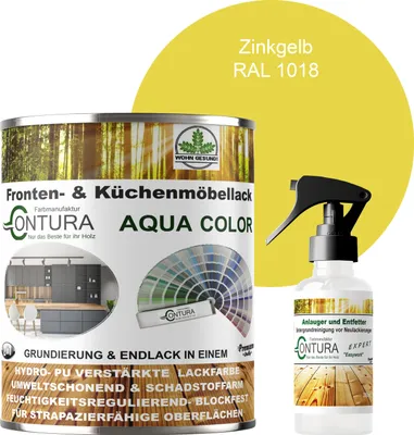 Produktbild von 750ml. + Anlauger - Contura Küchenmöbellack RAL Möbellack SEIDENMATT SET Möbelfarbe Holzlack Buntlack Küchenlack - RAL 1018 Zinkgelb
