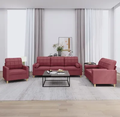 Produktbild von 3-tlg. Sofagarnitur mit Kissen Weinrot Stoff