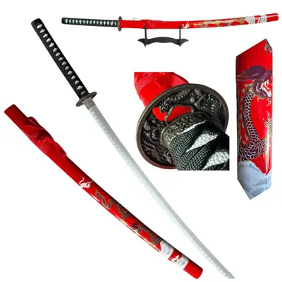 Zdjęcie produktu dla Dekoracyjna bambusowa katana, czerwony smok z pochwą (saya), stojak, anime, cosplay, japońska dekoracja, kolekcjonerski przedmiot, prezent. HK1137WD