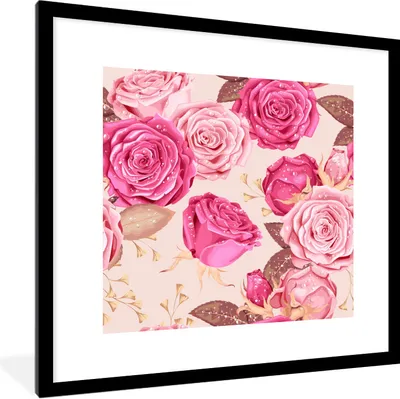 Produktbild von MuchoWow® Gerahmtes Poster Rosen - Blumen - Muster 40x40 cm - Poster mit Schwarzem Bilderrahmen Wandposter Rahmen Foto Bilder - Poster - Plakat im Rahmen