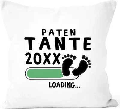 Produktbild von Kissen-Bezug Patentante 2023 loading Geschenk-Kissen für werdend Patentante Baumwolle Geschenk zur Geburt MoonWorks® weiß-schwarz unisize