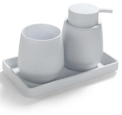 Image de Ensemble de salle de bain 3 pièces, blanc : distributeur de savon, gobelet à brosse à dents, plateau, en plastique ABS