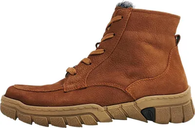 A side view of a brown leather boot.