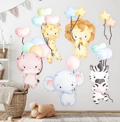 Produktbild von Wilde Safari-Tiere – Wandgestaltung – Wandbilder Kinder – Motivtapeten Set – Wanddekor Kinderzimmer – Selbstklebende Wandsticker – 80x118 cm