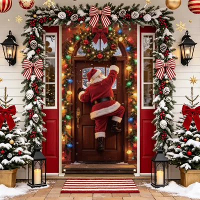 Productafbeelding van Kerstdecoratie voor deuren met kerstmanmotief - Polyesterbanner voor binnen- en buitengebruik - 185 x 90 cm