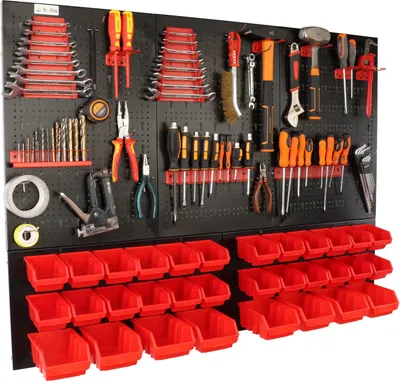 Produktbild von botle® Werkzeugwand Lochwand aus Metall, Stapelboxen + Wandregal + Werkzeughalter 59-tlg Set, Kleinteilelager,  Wandwerkstatt mit 32 stapelbaren Rot Behältern, Hängeregal Sortierregal