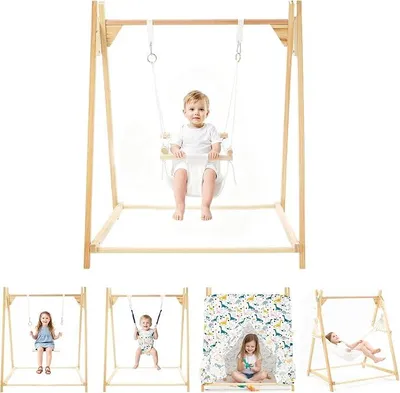 Produktbild von Silecomplaza Kinderschaukel Indoor Holz mit Gestell, 5 in 1 Tipi Zelt für Kinder, Hängeschaukel, Kinderhängematte Schaukelsitz Schaukelbrett Brettschaukel für Kinder zum Schaukeln (Cremeweiß)