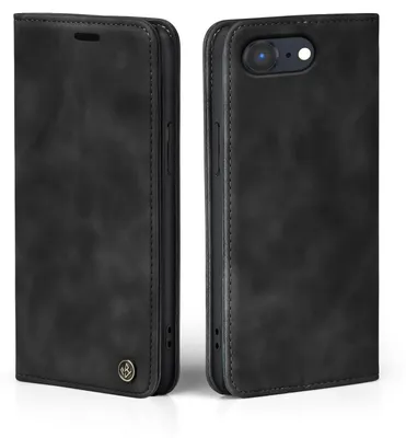 A black flip case for a smartphone is shown from two angles.