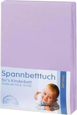A folded lavender fitted sheet for a child's bed is shown, with packaging information and a baby's image on the front.