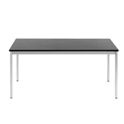 A rectangular table with a black top and silver legs, presented on a white background.