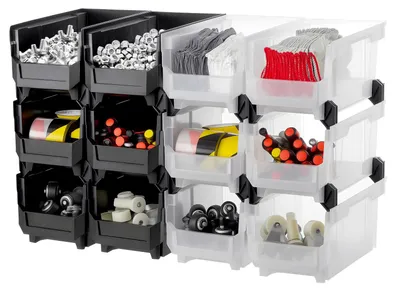 Image de VEVOR Bacs gerbables, 377 x 215 x 180 mm (pack de 12), Bacs à bec, Bacs à bec pour l'organisation & le rangement de petites pièces, fournitures de bureau & autres accessoires, noir & transparent