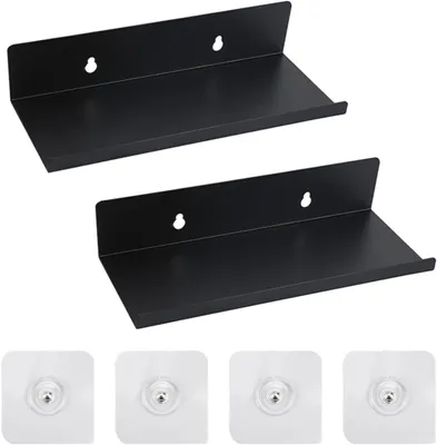 Obrázok produktu pre Samolepiaca Nástenná Polička 10x20x4 cm, Čierny Kov, Balenie 2 ks, Bezvŕtacia Polička do Kúpeľne