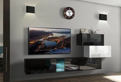 Immagine prodotto di Furnitech Parete attrezzata soggiorno - Parete attrezzata moderna - Parete attrezzata soggiorno con mensole e mobile TV - Mobile soggiorno senza LED (Troja AN85-17BW-HG22-1B)