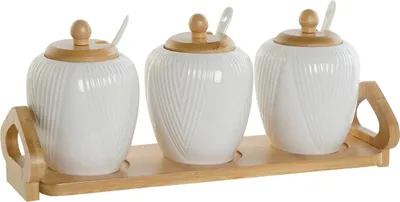 Image de Sucrier DKD Home Decor Blanc naturel Bambou Porcelaine 31 x 9 x 7 cm 4 pièces