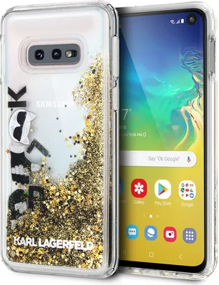 Produktbild von Karl Lagerfeld KLHCS10LROGO Hülle für Samsung Galaxy S10e G970, Schwarz und Gold, Hart, Glitzer