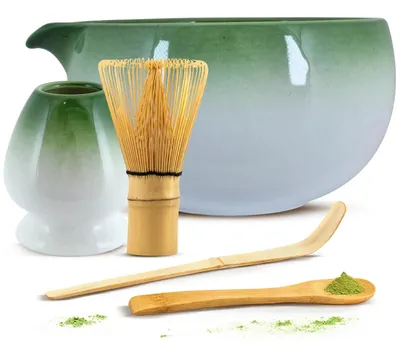 Produktbild von Cebador - Matcha Tee Set Hayashi 420ml - Keramik Schale Mit Ausguss & Kusenaoshi Halter - Komplettes Bambus Zubehör Chasen Chashaku - Grün Glasiert