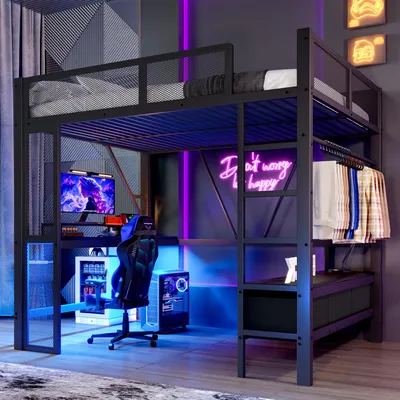 Produktbild von Hochbett mit LED-Streifen, Schreibtisch, Lattenrost, Leiter, Schubladen und Rausfallschutz, 140x200cm, Kinderbett, Metallbett, Jugendbett