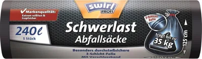 Produktbild von Swirl PROFI Schwerlast Abfallsäcke 240l, 240 l, 35 kg, Schwarz, Polyethylen, 1000 mm, 1250 mm