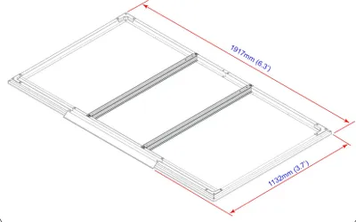 An isometric view of a metal substructure for a floor frame, with dimensions indicated.