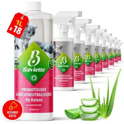 Zdjęcie produktu dla Baviette Środek do usuwania zapachów dla kotów, 1 litr koncentratu – neutralizator zapachów z mikroorganizmami do kuwety, dywanów, mebli i samochodu