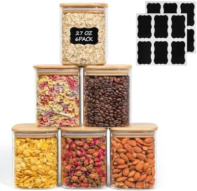 Produktbild von PolkaHome® Glasvorratsgläser, 800 ml, 6er-Set, transparente Aufbewahrungsbehälter mit luftdichtem Bambusdeckel, ideal für Gewürze, Tee