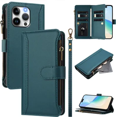 Image de Etui pour iPhone 13 Pro, zippé, étui portefeuille en cuirPolyuréthaneavec pochettes pour cartes, support et dragonne, vert