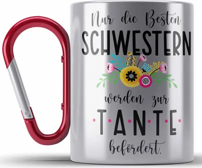 Produktbild von Trendation - Du Wirst Tante Edelstahl Tasse Karabiner 2023 Verkündung Schwangerschaft Überraschung Baby Ankündigung Tante (Rot)