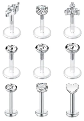 Zdjęcie produktu dla Solidchoice - Kolczyk do ust typu labret, 16G, ze stali chirurgicznej, z dodatkowymi kolczykami do chrząstki usznej (tragus i helix)