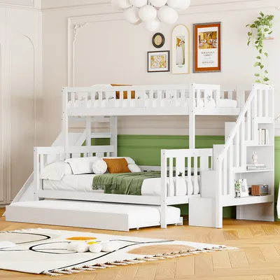 Produktbild von Merax Etagenbett 90x200cm/140x200cm mit Rutsche und Treppe, Hochbett mit Ausziehbett und Regale, Kinderbett mit Rausfallschutz und Lattenrost, Weiß
